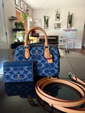 Coach Blue Signature Denim Mini Satchel with Tan Leather Trim